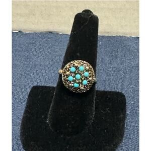 Vintage Gold Tone‎ Faux Turquoise Ring sz 8.25 Adjustable Boho Fun Ring